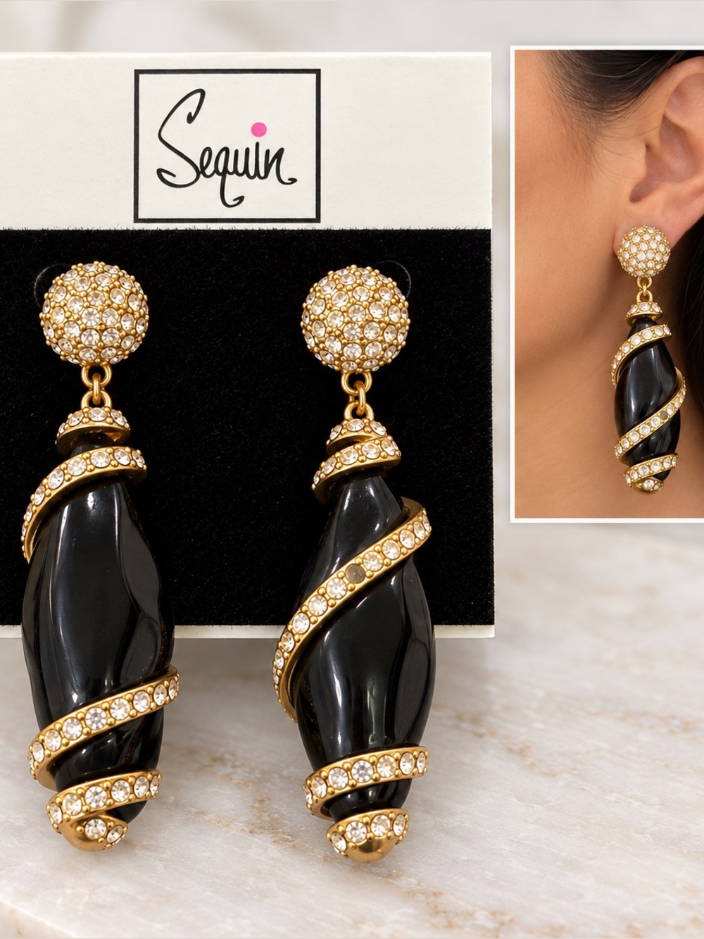 $98 Nordstrom Sequin Statement Earrings Black Gold Crystal Dangle Designer Art